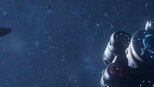 A space station hovers close to several asteroids in the dark expanse of outer space. Lights on the station shine against the backdrop of stars. Astronauts are seen working outside.