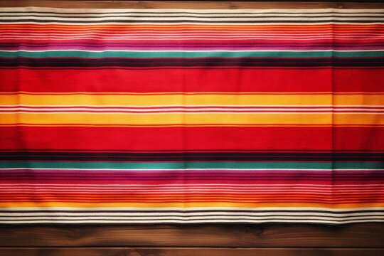 Colorful striped mexican serape blanket lying on a dark wooden surface