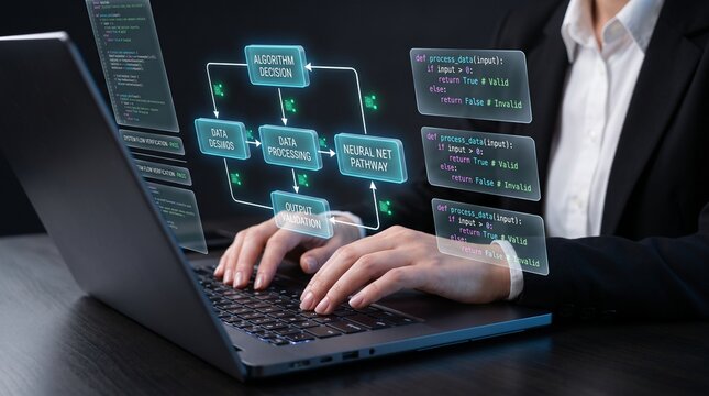 ai algorithm decision and data processing concept showing software developer using laptop with neural network pathways, code panels, and output validation workflow
