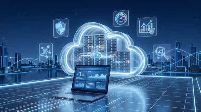 Enterprise Cloud Server Infrastructure with Cybersecurity Shield and Data Analytics Dashboard on Modern Laptop Interface
