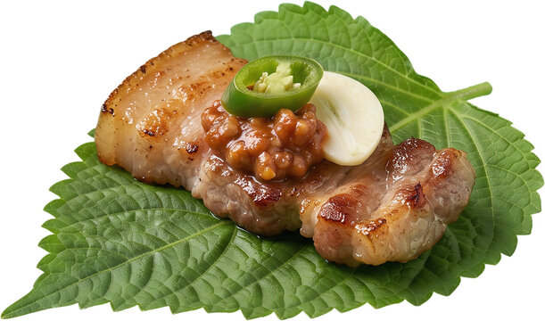 grilled pork belly wrap with perilla leaf ssamjang garlic and pepper cutout