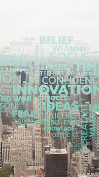 Animation of business texts over cityscape