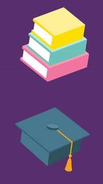 Animation of book and graduation cap icons over virus cells on purple background
