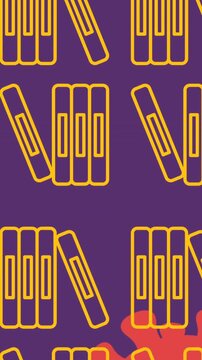 Animation of book icons over virus cells on purple background