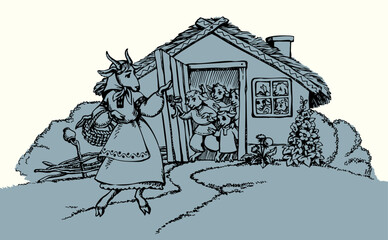 Naklejka premium A goat and kids in a house. Vector illustration