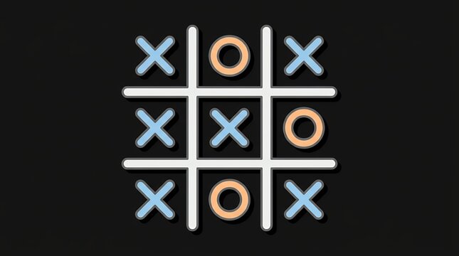 Classic tic tac toe grid game with crosses and noughts isolated on dark black backdrop rendered in flat filled outline style with subtle dimensional shadow effect game line icon black background