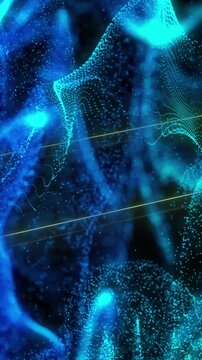 Animation of glowing blue digital wave over neon rugby pitch layout against black background