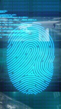 Animation of fingerprint scanning with multiple hud screens, computer language over binary codes