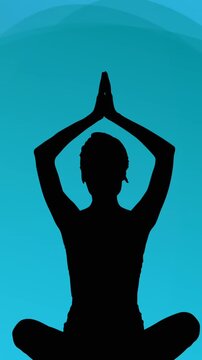Animation of silhouette of a woman in yoga pose over gradient blue banner against purple background