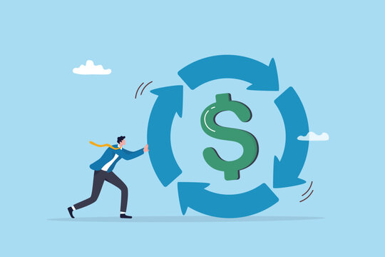 Recurring revenue, money profit cycle or passive income investment, repeat transaction payment, financial gain, investment return, salary, businessman push cycle recurring revenue dollar cycle.