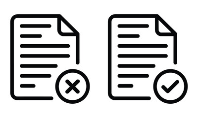 Minimalist black line icons of paper documents showing a checkmark for approval and a cross for rejection on a white background. © Vector Expert
