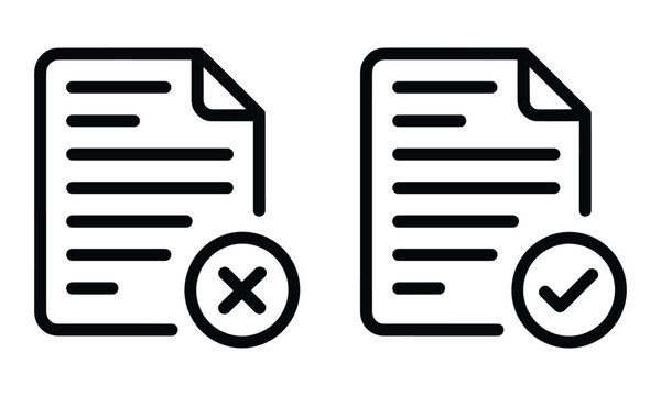 Minimalist black line icons of paper documents showing a checkmark for approval and a cross for rejection on a white background.