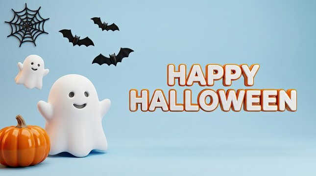 Happy halloween greeting card with cute ghost figures pumpkin and flying bats on a light blue background