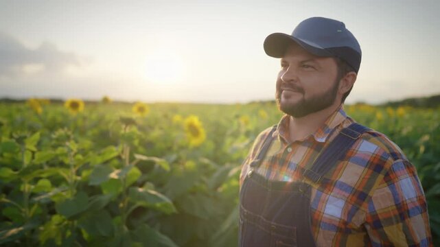 Agronomist walking and viewing beautiful green field with sunflowers, rural scenery. Portrait in motion of bearded farmer or ecologist admiring eco farmland in agricultural region, grow plant for food