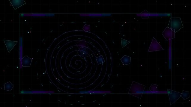 Colorful Geometric Shapes Floating Around Glowing Concentric Circles Design