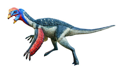 Oviraptor is a genus of oviraptorid theropod dinosaur from the Late Cretaceous period. It was a feathered omnivorous or herbivorous reptile that inhabited what is now Mongolia and Asia. © Around Ball