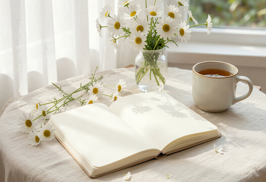 Open notebook with daisies and tea on sunlit windowsill