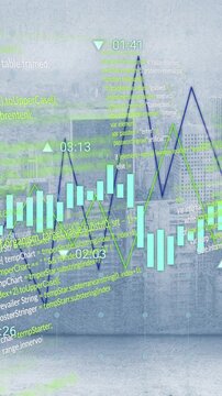 Animation of graph and processing data over cloudy cityscape