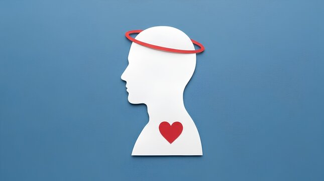 Profile of human head silhouette with heart and red halo.