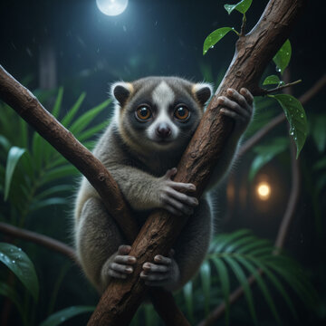Slow loris clinging to tree branch in misty night forest under bright full moon for nocturnal wildlife study