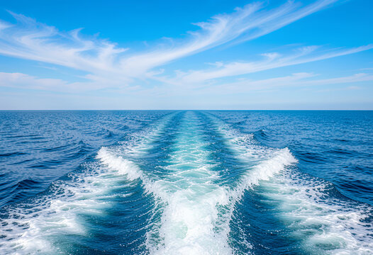Boat wake on blue ocean toward horizon, clear sky