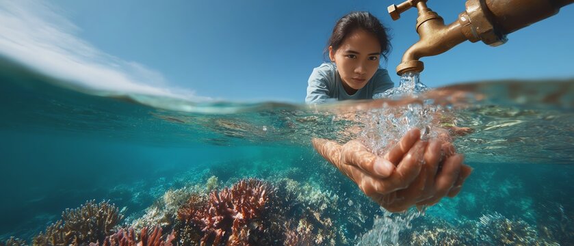 Child playing with water near coral reef.