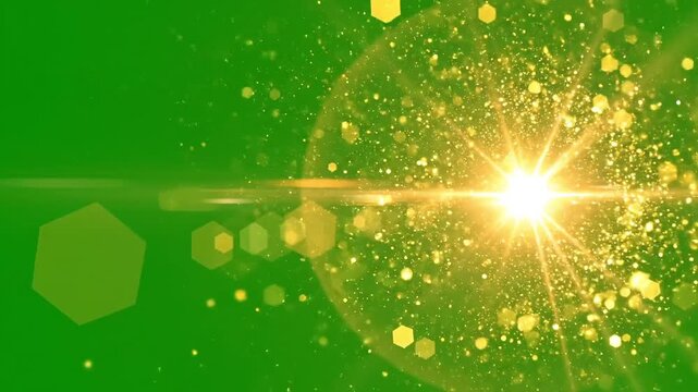 Bright golden sunburst with sparkling particles and hexagonal bokeh on a green background.
