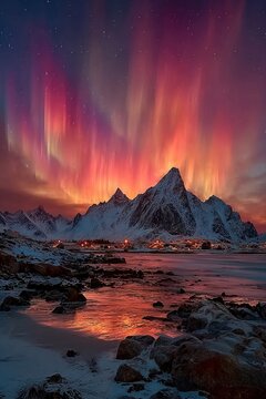 Pink and red aurora borealis dancing in the sky over snowy mountains