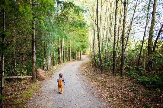 A lonely young boy walks along a gravel pathway