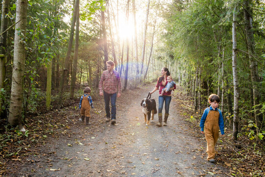 A family of five with a dog enjoy a morning walk on a gravel path at