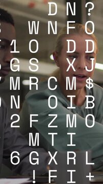 Animation of changing letters and numbers over diverse colleagues discussing work in office