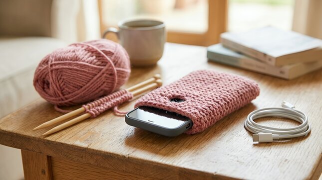 Modern smartphone encased in a cozy pink hand knitted pouch resting beside a ball of yarn and charger cable for digital detox and offline living digital detox smartphone knitted pouch yarn charger