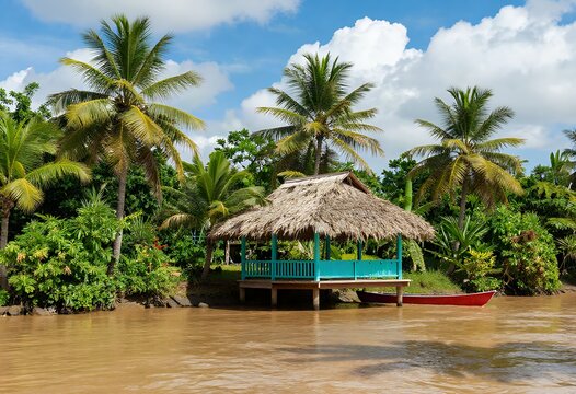 Overwater hut on stilts among palm trees in tropical river scene