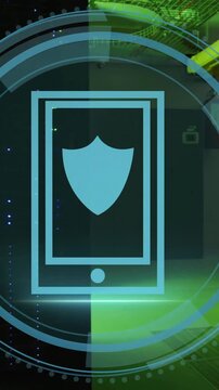 Animation of shield icon and digital data processing over computer servers