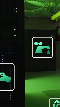 Animation of eco icons and digital data processing over computer servers