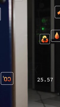 Animation of eco icons and digital data processing over computer servers