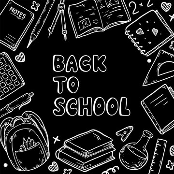 Back to School square banner. Naive white chalk line art frame with backpack, calculator, books and school supplies on black background