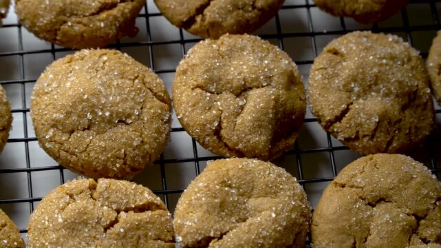 Freshly baked ginger molasses cookies with sparkling sugar cooling on a metal wire rack.