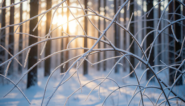 Snowy wire in forest at sunrise