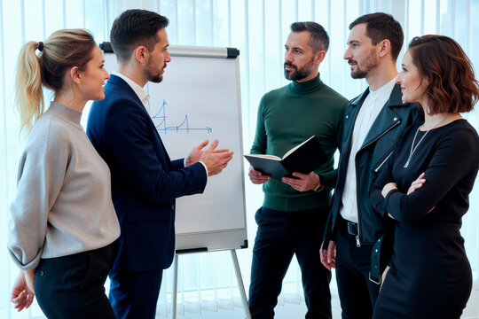 Diverse young adult Caucasian business professionals discussing strategy near flipchart in office. Image suitable for corporate communication and team training materials, medium shot