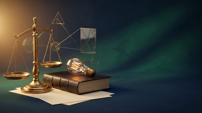 Golden scales of justice, light bulb, and book with geometric shapes and light rays balance