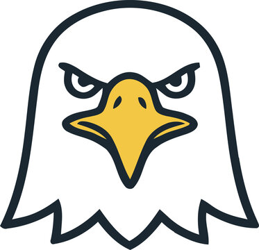 Angry bald eagle head icon with yellow beak and dark outline isolated on transparent background, Vector, illustration