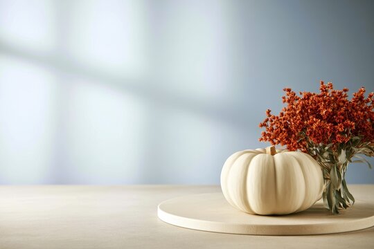 White pumpkin display with silver foliage and dried flowers, modern Halloween styling, soft studio shadows