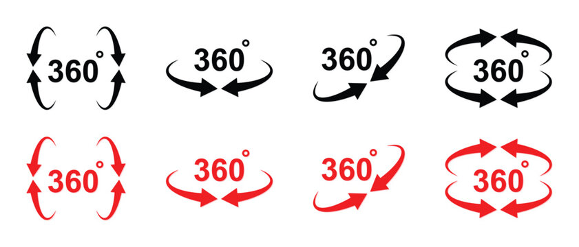 360 degree vector icon set. 360 degree rotation icons. 360&deg; rotation arrow. Rotate sign and symbol. Vector illustration.