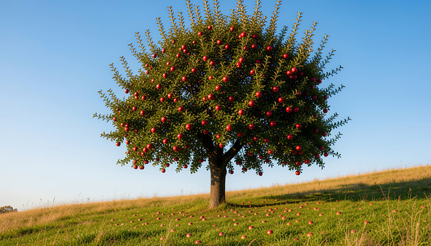Apple tree on hillside with red apples in sunny landscape