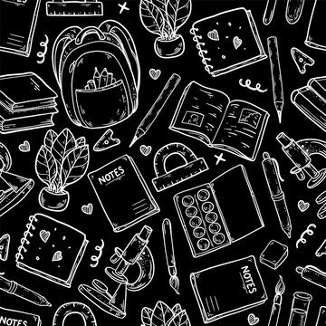 School supplies seamless pattern. Naive white chalk line art elements with backpack, microscope, book and plants on black background