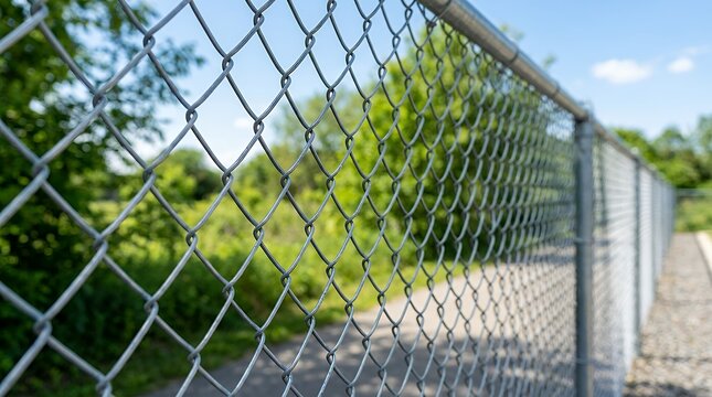 Metal Mesh Fence Perspective Looking Towards Outdoor Greenery and Blue Sky Grid Mesh View with Blurred Foliage fence grid mesh metal wire view looking through background greenery leaves sky outdoors