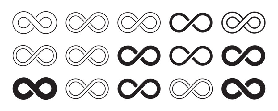 Infinity loop icon set with multiple artistic variations for endless branding and modern design projects.