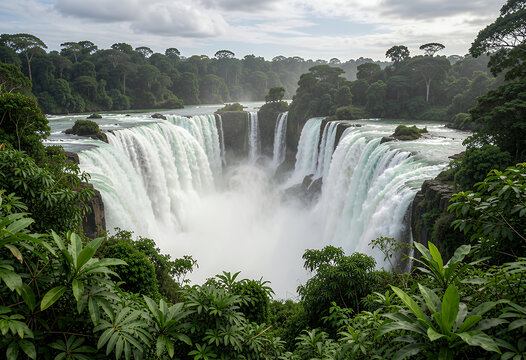 Waterfall rainforest jungle scene with mist and lush greenery