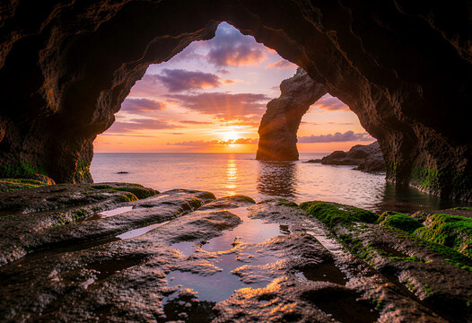 cave arch sunrise over ocean, coastal rock landscape with tide pools
